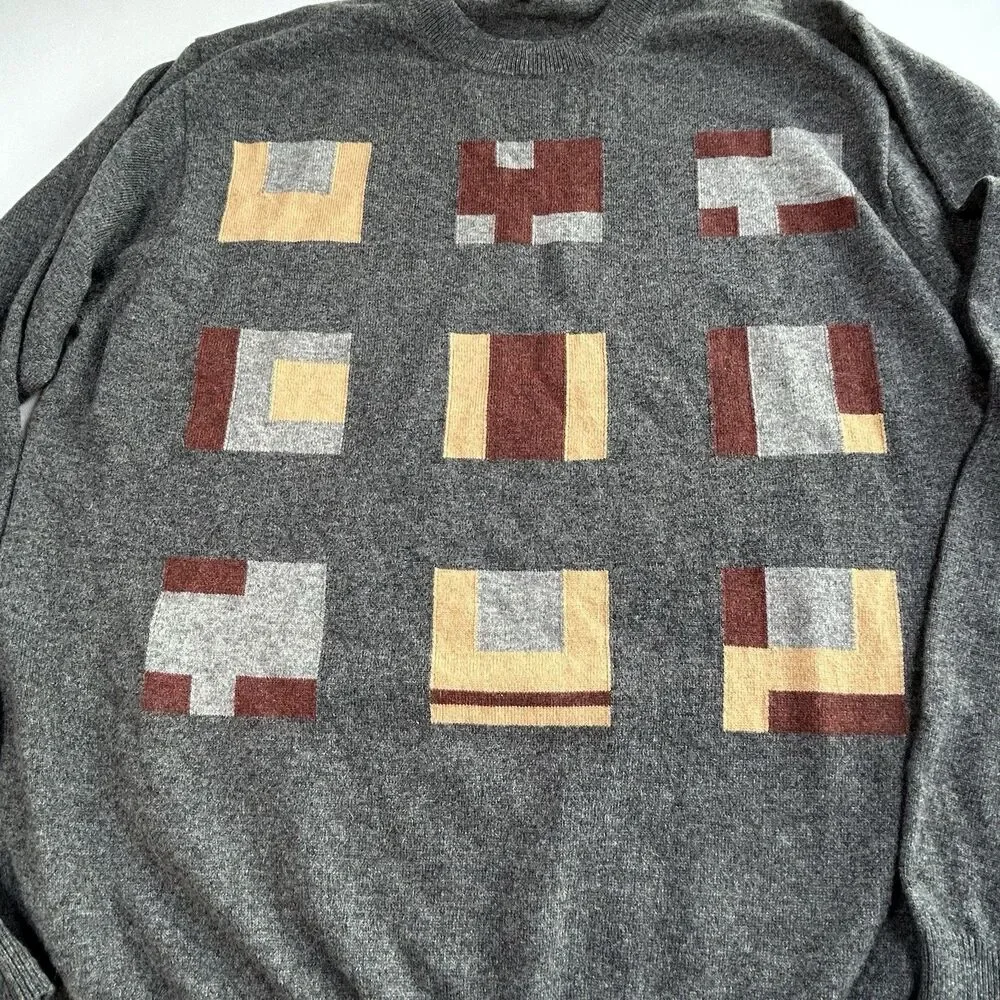 Murano by Raffi Wool Crewneck Sweater Size L Geometric Gray Multi Australia